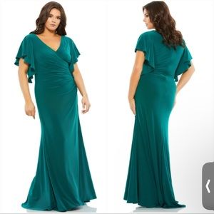 Mac Duggal, Emerald Green Faux Wrap Butterfly Sleeve Gown Dress 20W 20 Women